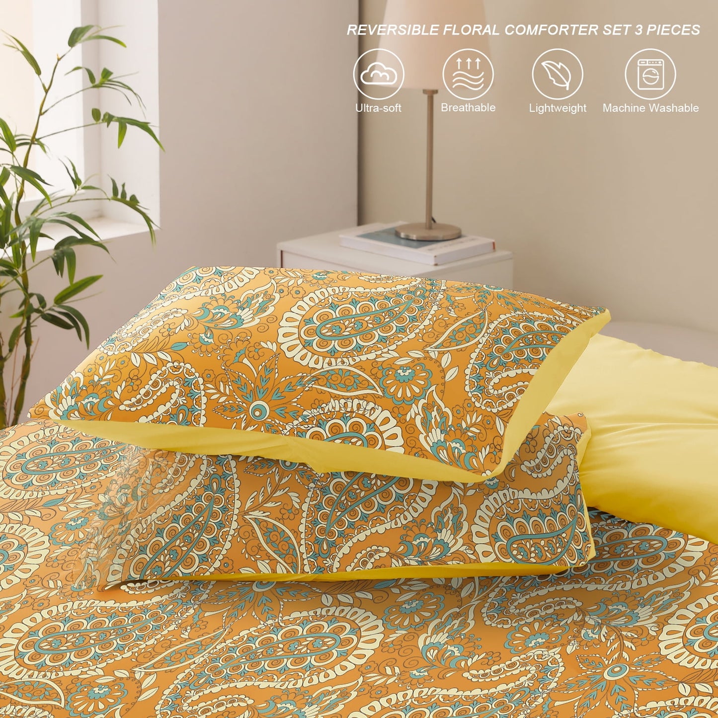 Exclusivo Mezcla 3-Piece Paisley King Size Comforter Set, Microfiber Bedding Down Alternative Comforter for All Seasons with 2 Pillow Shams, Orange