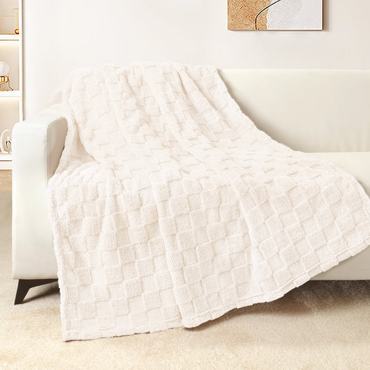 Exclusivo Mezcla Fleece Throw Blanket for Couch, Super Soft 3D Checkered Jacquard Bed Blanket, Cozy Fluffy Lightweight Blanket for All Seasons, 50x60 Inches, Ivory Blanket
