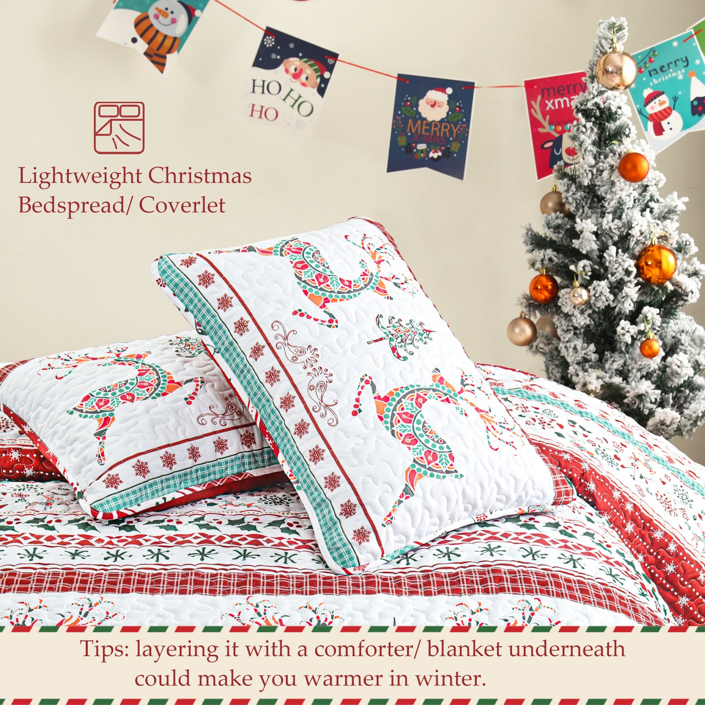 Exclusivo Mezcla Christmas Quilt Twin Size, Rust Red Striped Bedspreads Reversible Coverlets Bedding Set with Printed Flowers Reindeer Pattern (1 Quilt, 1 Pillow Sham)