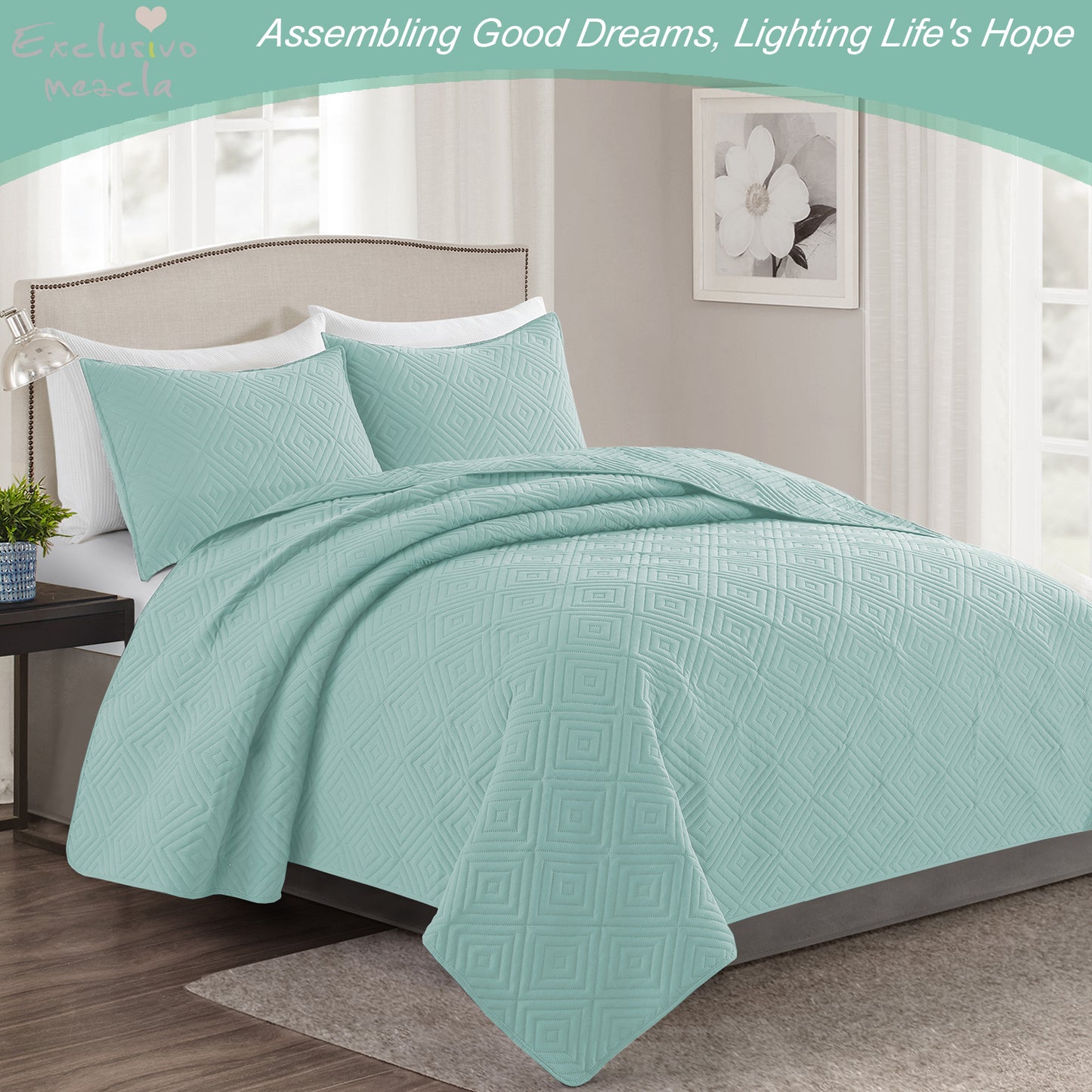 Exclusivo Mezcla 2-Piece Aqua Twin Size Quilt Set, Square Pattern Ultrasonic Lightweight and Soft Quilts/Bedspreads/Coverlets/Bedding Set (1 Quilt, 1 Pillow Sham) for All Seasons