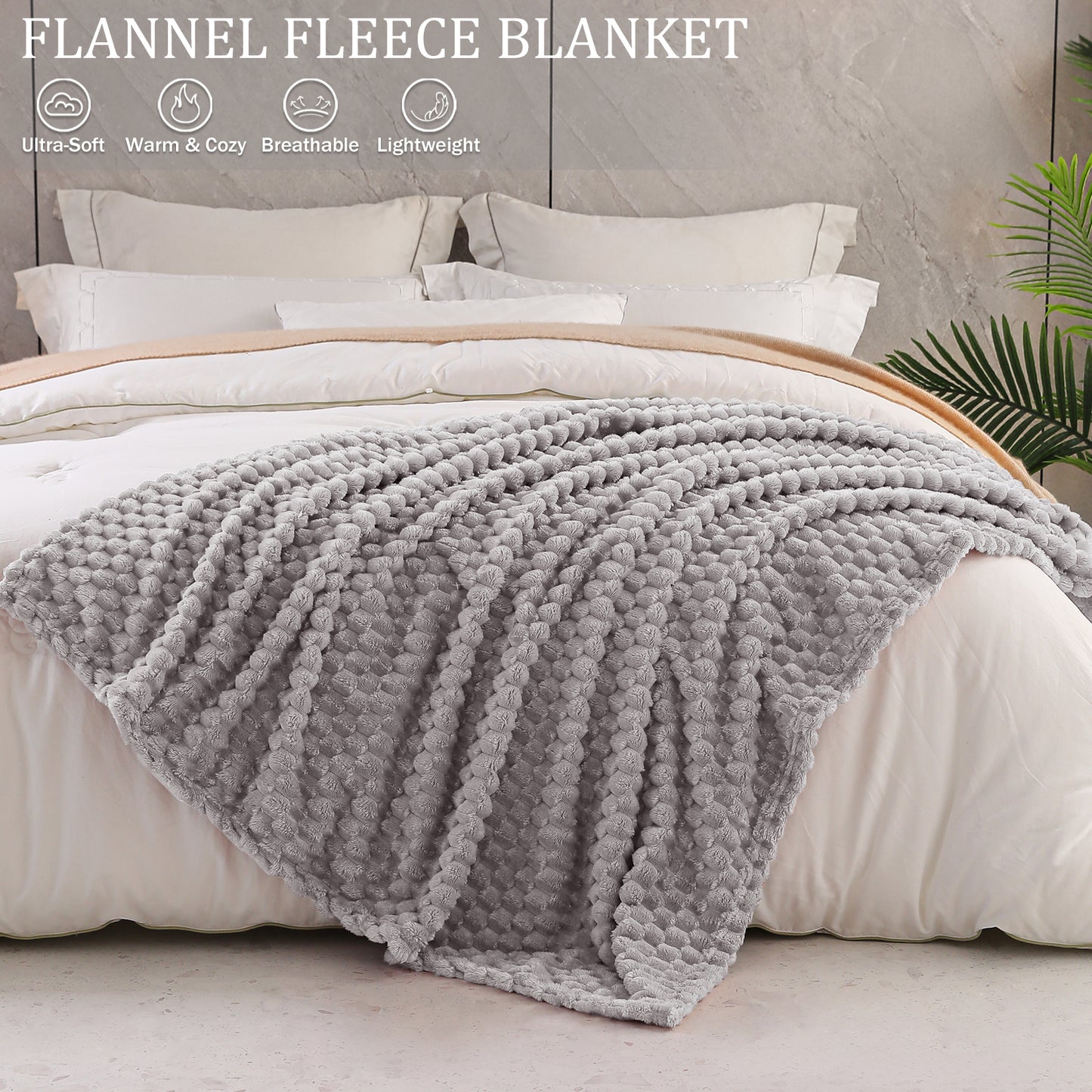 Exclusivo Mezcla Queen Size Soft Fleece Blanket, 90x90 Inches 3D Clouds Stylish Jacquard Velvet Blanket for Bed, Cozy Soft Lightweight for All Season, Light Grey Blanket