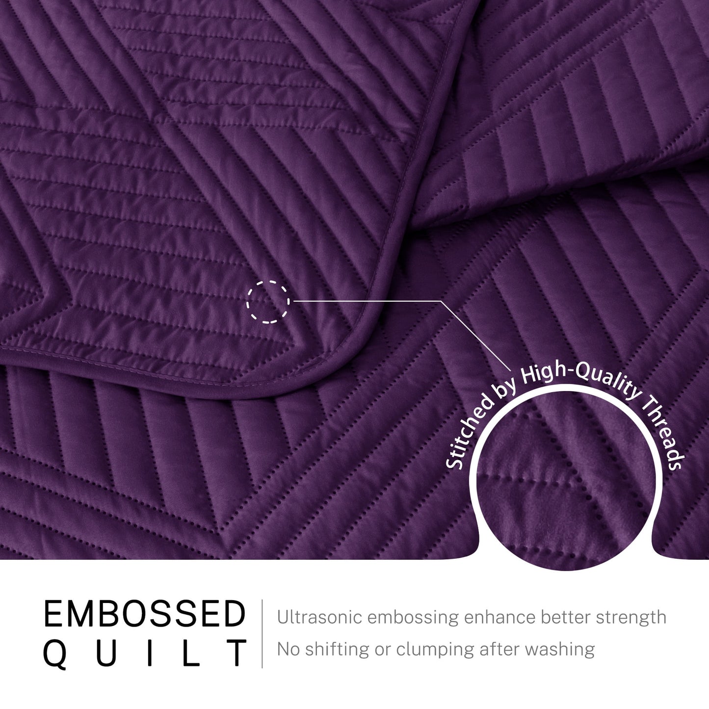 Exclusivo Mezcla Ultrasonic Full Queen Quilt Bedding Set, Lightweight Deep Purple Bedspreads Soft Modern Geometric Coverlet Set for All Seasons (1 Quilt and 2 Pillow Shams)