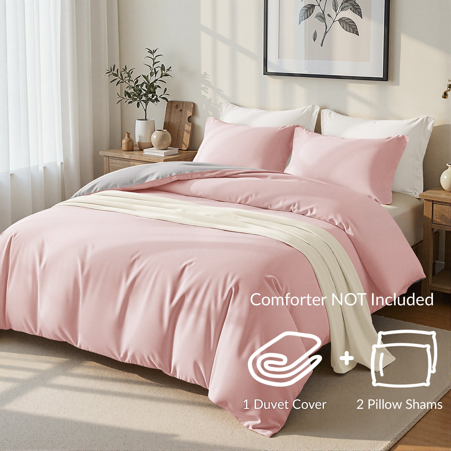 Exclusivo Mezcla King Bedding Duvet Cover Set, 3 Pieces Lightweight Comforter Cover with Pillow Shams (Pink and Light Grey)