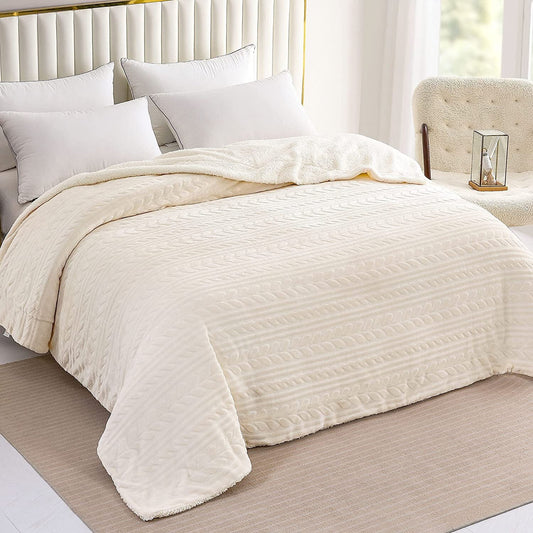 Exclusivo Mezcla Twin Size Sherpa Fleece Bed Blanket, Ultra Soft and Warm Reversible Velvet Blankets for Bed Couch Sofa 90x66 inches, Ivory