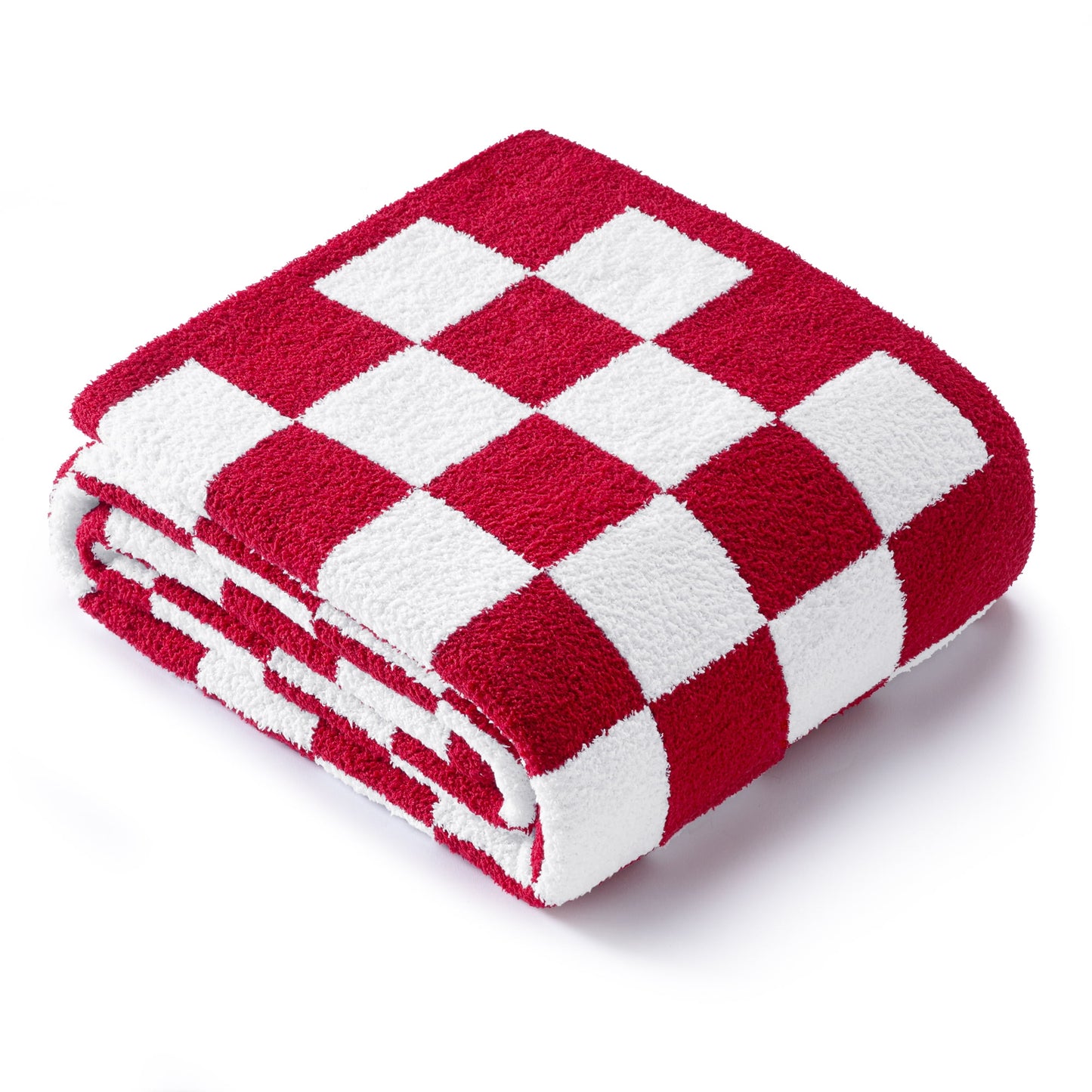 Exclusivo Mezcla Checkered Knit Throw Blanket, Ultra Soft Cozy Fluffy Checkerboard Blankets, Lightweight Fuzzy Plush Throw for Couch and Bed, Red, 50"x60"
