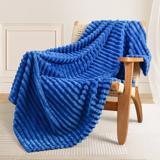 Exclusivo Mezcla Fleece Throw Blanket for Couch, Super Soft 3D Striped Jacquard Bed Blanket, Lightweight Fuzzy Cozy Blankets for All Seasons, 50x60 Inches, Cobalt Blue Blanket