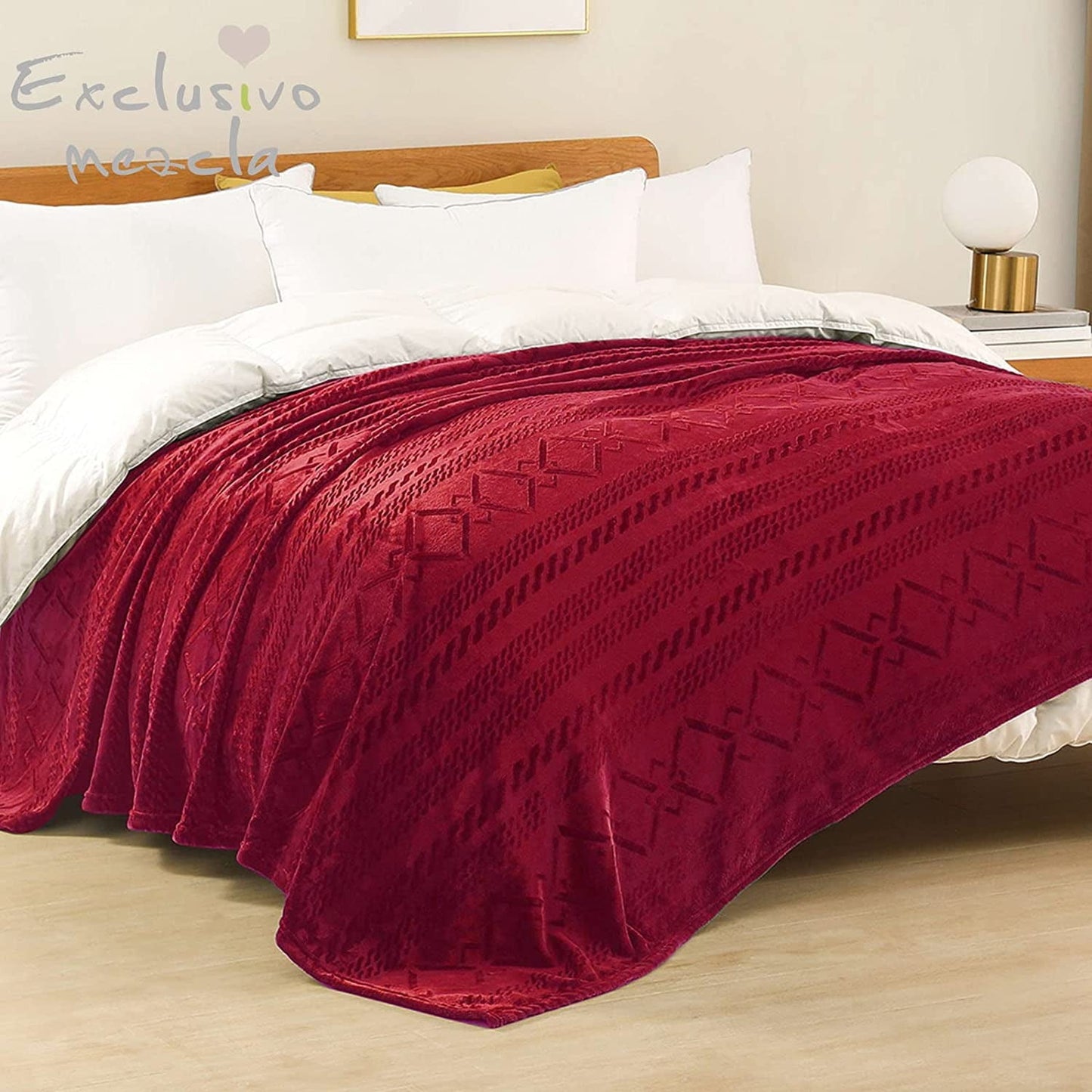 Exclusivo Mezcla Twin Size Soft Bed Blanket, Warm Fuzzy Luxury Bed Blankets, Decorative Geometry Pattern Plush Throw Blanket for Bed, 90x66 Inches, Red