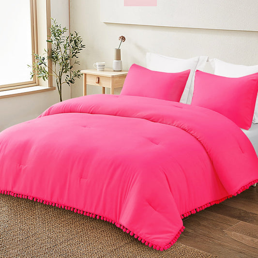 Exclusivo Mezcla Boho Pom Pom Ball Fringe King Size Comforter Set, 3 Piece Hot Pink Lightweight Down Alternative Bedding Comforter Sets for All Seasons (1 Comforter and 2 Pillowcases)