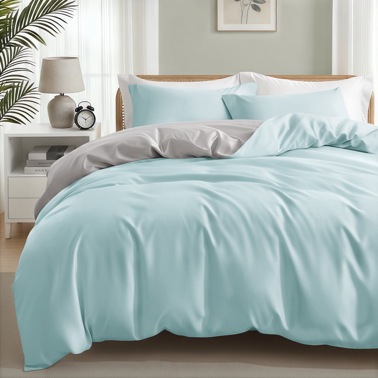 Exclusivo Mezcla Queen Bedding Duvet Cover Set, 3 Pieces Lightweight Comforter Cover with Pillow Shams (Light Green and Light Grey)