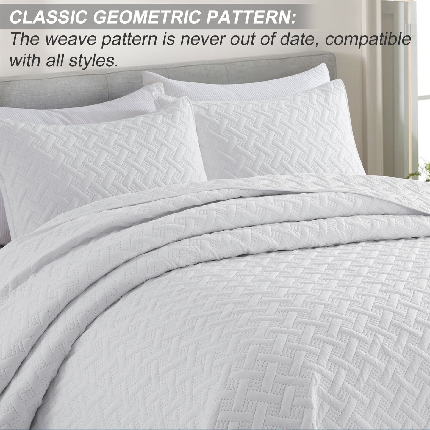 Exclusivo Mezcla 2-Piece White Twin Size Quilt Set, Weave Pattern Ultrasonic Lightweight and Soft Quilts/Bedspreads/Coverlets/Bedding Set (1 Quilt, 1 Pillow Sham) for All Seasons