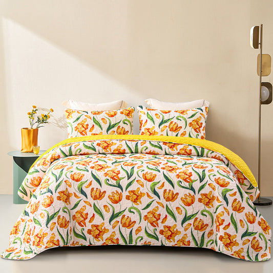 Exclusivo Mezcla Floral Quilt Set Queen Size, 3-Piece Reversible Quilt Bedding Set with Botanical Pink Flower Pattern (2 Pillow Shams), Lightweight and Soft Bedspread Coverlets