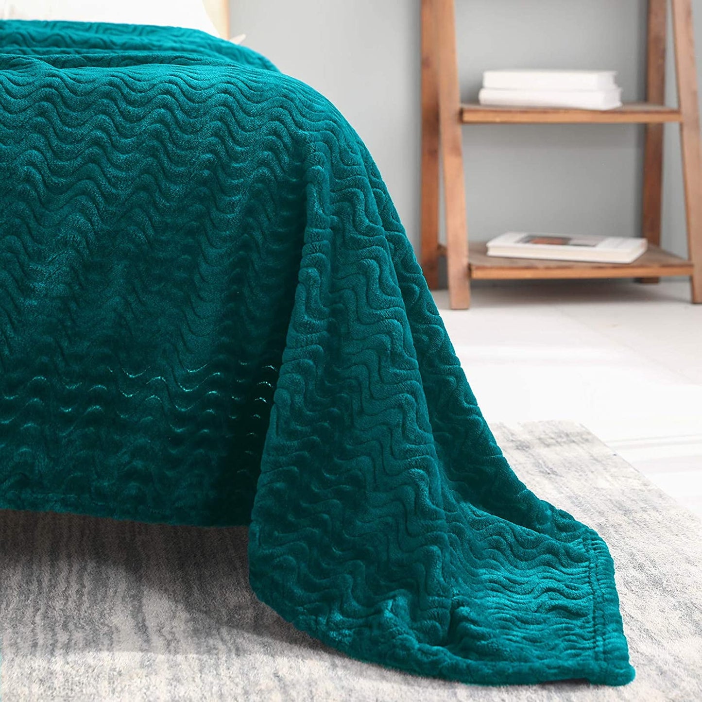 Exclusivo Mezcla King Size Jacquard Weave Wave Pattern Flannel Fleece Velvet Plush Bed Blanket as Bedspread/Coverlet/Bed Cover (90" x 104", Teal) - Soft, Lightweight, Warm and Cozy
