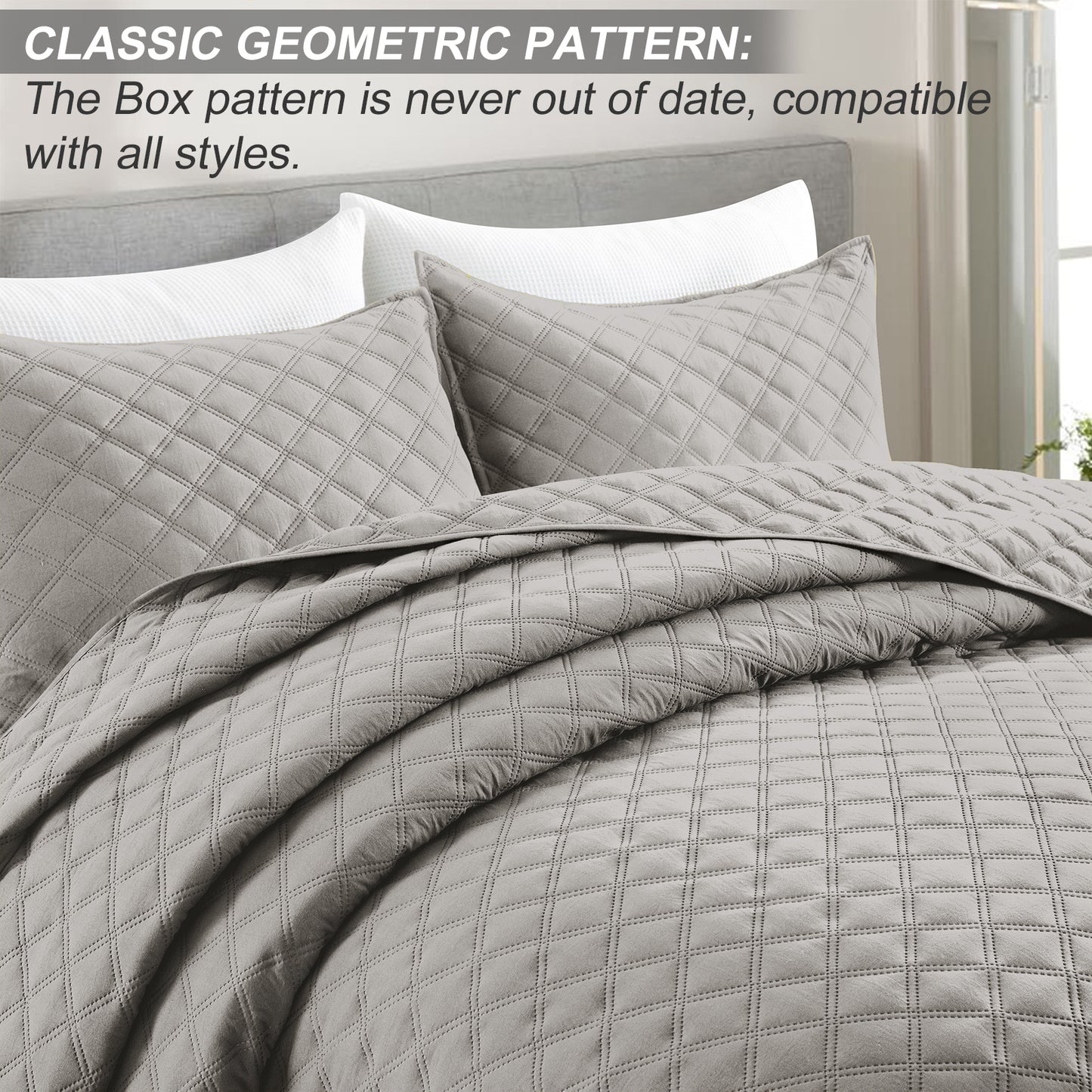 Exclusivo Mezcla 2-Piece Light Gray Twin Size Quilt Set, Box Pattern Ultrasonic Lightweight and Soft Quilts/Bedspreads/Coverlets/Bedding Set (1 Quilt, 1 Pillow Sham) for All Seasons