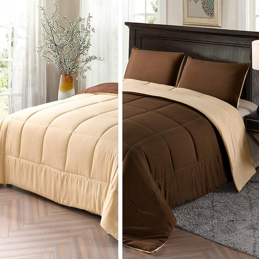 Exclusivo Mezcla Lightweight Reversible 2-Piece Comforter Set All Seasons, Down Alternative Comforter with 1 Pillow Sham, Twin Size, Brown/ Khaki