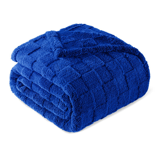Exclusivo Mezcla King Size Flannel Fleece Blanket, Super Soft 3D Checkered Jacquard Bed Blanket, Cozy Fluffy Lightweight Blanket for All Seasons, 90x104 Inches, Cobalt Blue Blanket
