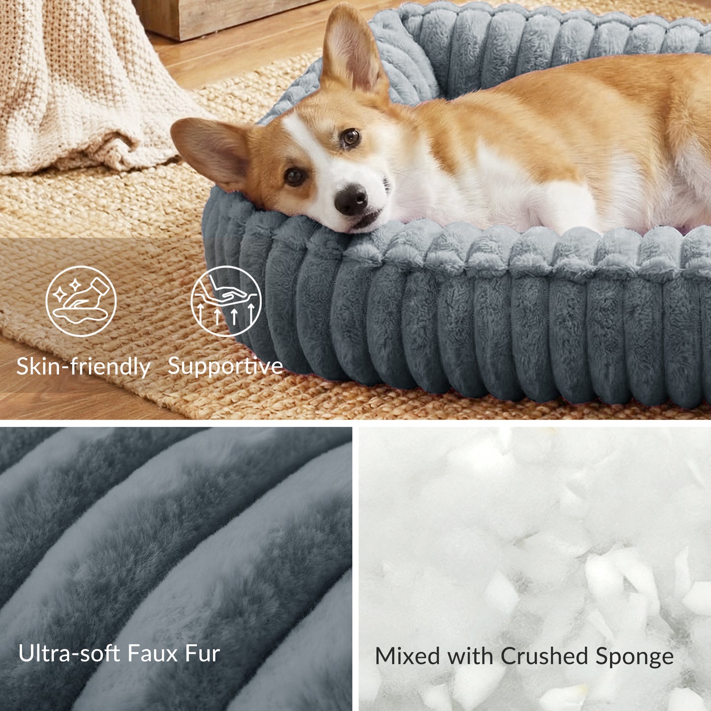 Exclusivo Mezcla Ribbed Plush Cuddler Dog Bed, 20"x16" Calming Pet Bed with Non-Slip Bottom for Small Dogs, Machine Washable, Dark Grey