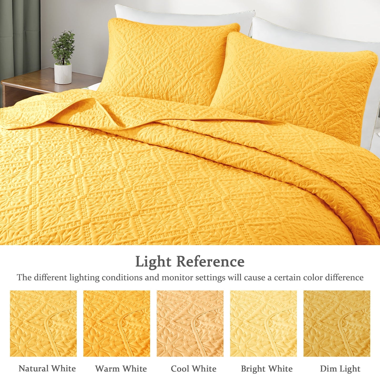 Exclusivo Mezcla King Quilt Bedding Set, Lightweight Soft Bedspreads Coverlets with 2 Pillow Shams, Modern Yellow Oversized Quilts King Size for All Seasons