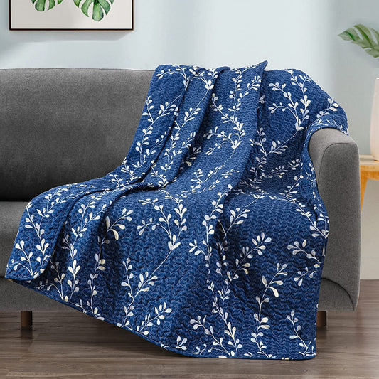Exclusivo Mezcla Microfiber Quilted Throw Blanket, Flower Pattern Throw Blanket for Bed/ Couch/ Sofa, Soft and Lightweight (50"x 60",Navy)