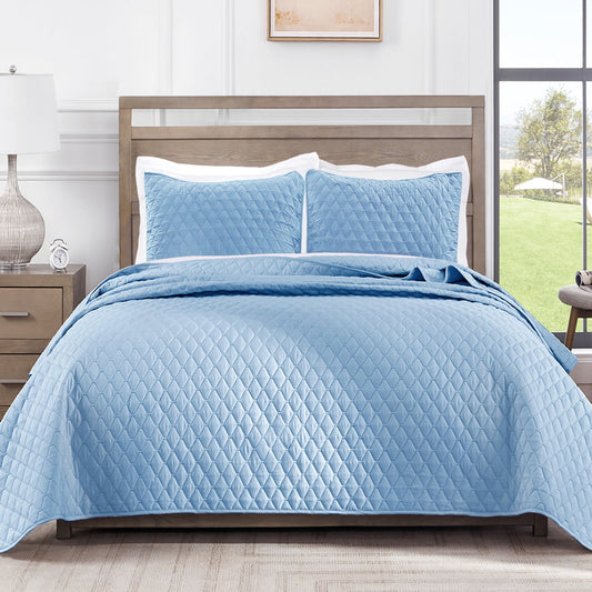 Exclusivo Mezcla Ultrasonic Reversible Full Queen Quilt Bedding Set with Pillow Shams, Lightweight Quilts Queen Size, Soft Bedspreads Bed Coverlets for All Seasons - (Sky Blue, 90"x96")