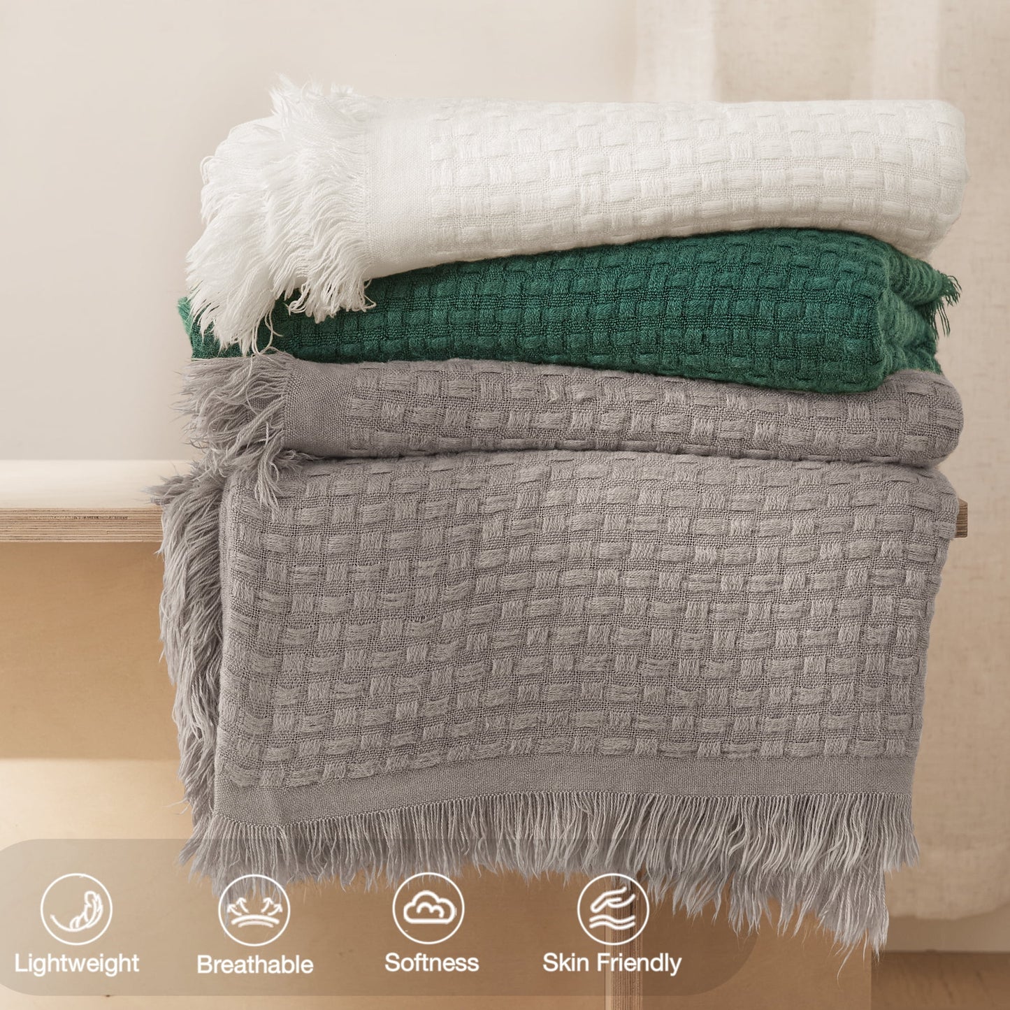 Exclusivo Mezcla Knitted Twin Size Blanket with Fringes for Bed, Soft and Warm Textured Blanket for All Season, Lightweight Breathable Living Room Bedding, Forest Green, 60??x80??,Exclusivo Mezcla"