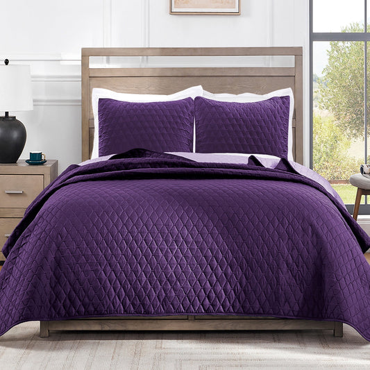 Exclusivo Mezcla Ultrasonic Reversible Full Queen Quilt Bedding Set with Pillow Shams, Lightweight Quilts Queen Size, Soft Bedspreads Bed Coverlets for All Seasons - (Deep Purple, 90"x96")