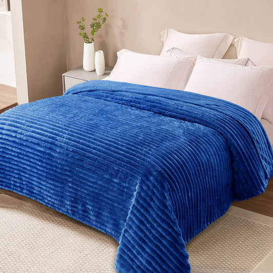 Exclusivo Mezcla Queen Size Flannel Fleece Blanket, Super Soft 3D Striped Jacquard Bed Blanket, Lightweight Fuzzy Cozy Blankets for All Seasons, 90x90 Inches, Cobalt Blue Blanket