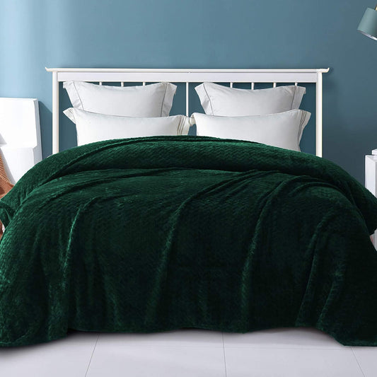 Exclusivo Mezcla Queen Size Jacquard Weave Leaves Pattern Flannel Fleece Velvet Plush Bed Blanket for Couch Bed Sofa (90" x 90", Forest Green) - Soft, Lightweight, Warm and Cozy