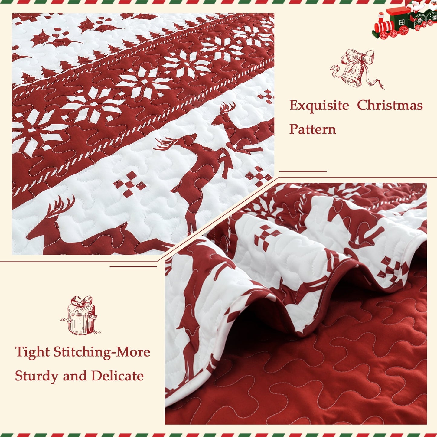 Exclusivo Mezcla Christmas Quilt Twin Size, White and Rust Red Striped Bedspreads Reversible Coverlets Bedding Set with Printed Reindeer Snowflakes Pattern (1 Quilt, 1 Pillow Sham)