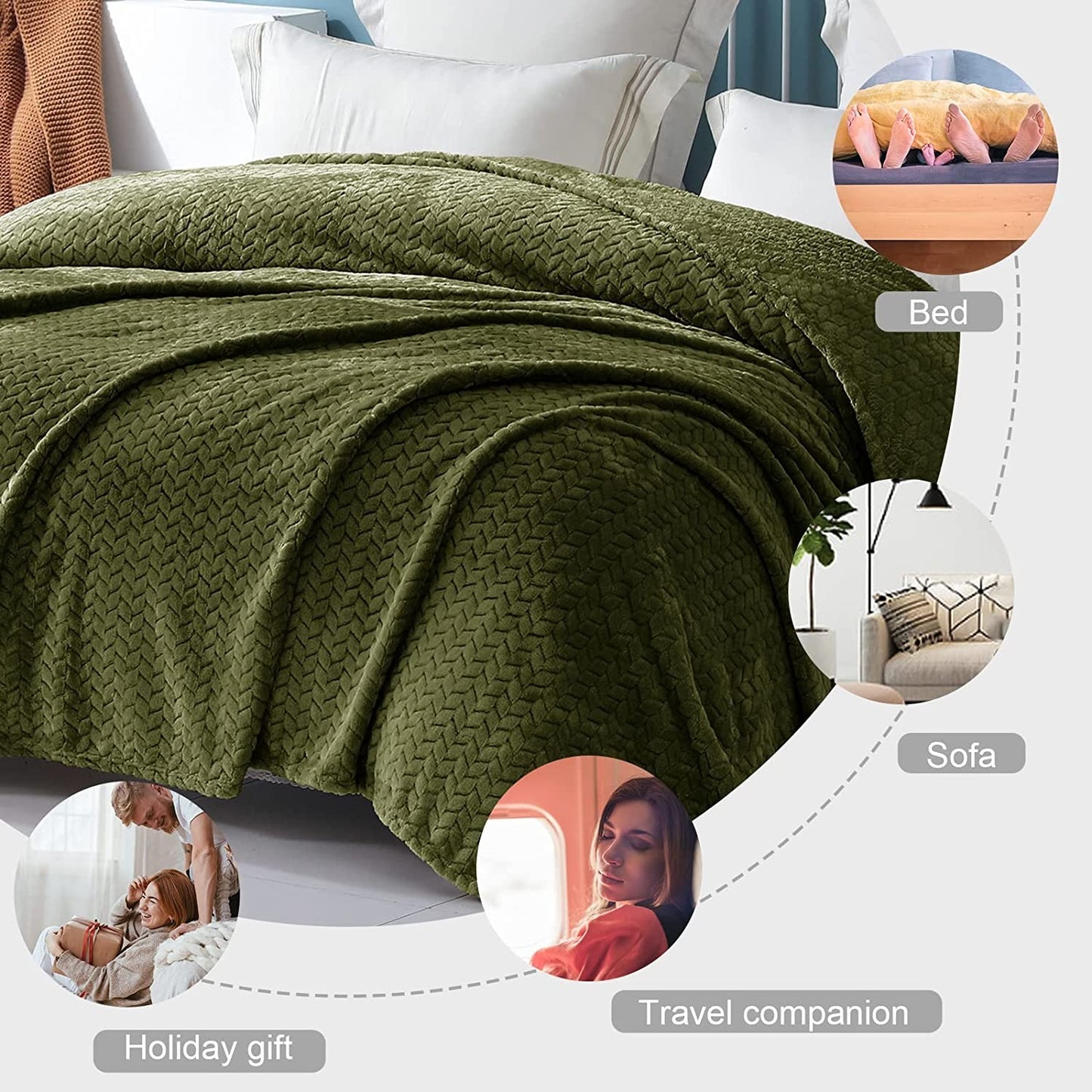 Exclusivo Mezcla Queen Size Flannel Fleece Blanket, 90x90 Inches Soft Jacquard Weave Leaves Pattern Velvet Plush Blanket for Bed, Cozy, Warm, Lightweight and Decorative Olive Green Blanket