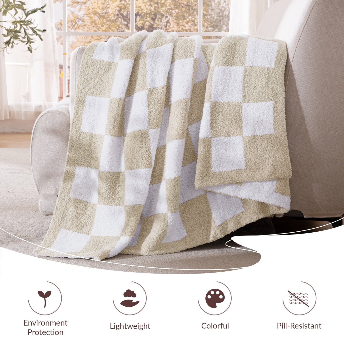 Exclusivo Mezcla Checkered Knit Throw Blanket, Ultra Soft Cozy Fluffy Checkerboard Blankets, Lightweight Fuzzy Plush Throw for Couch and Bed, Khaki, 50"x60"