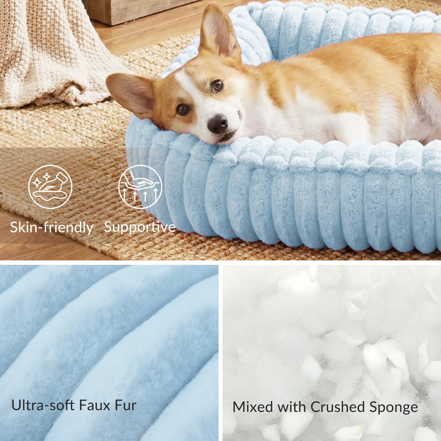 Exclusivo Mezcla Ribbed Plush Cuddler Dog Bed, 40"x32" Calming Pet Bed with Non-Slip Bottom for Large Dogs, Machine Washable, Blue