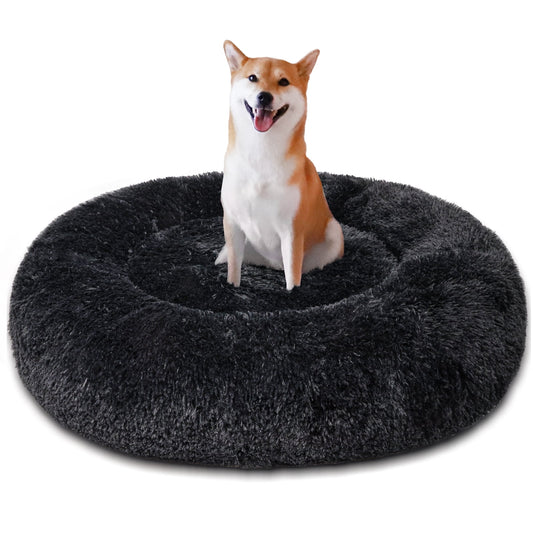 Exclusivo Mezcla Calming Donut Pet Bed for Large Dogs 36", Anti-Anxiety Plush Cozy Warming Dog Bed, Black