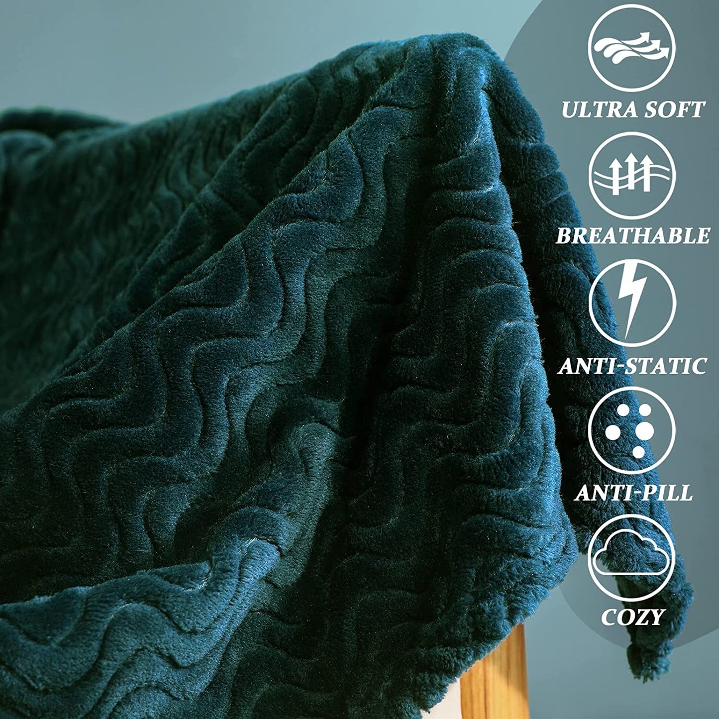 Exclusivo Mezcla Large Flannel Fleece Throw Blanket, Jacquard Weave Wave Pattern (50" x 70", Forest Green) - Soft, Warm, Lightweight and Decorative