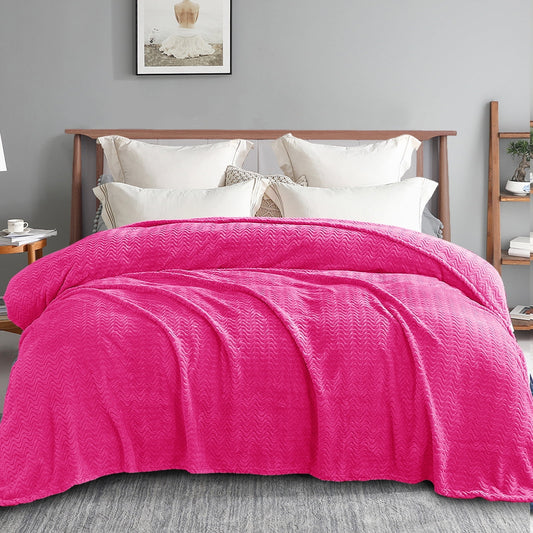Exclusivo Mezcla King Size Flannel Fleece Blanket, 90x104 Inches Soft Jacquard Weave Wave Pattern Velvet Plush Blanket for Bed, Cozy, Warm, Lightweight and Decorative Hot Pink Blanket
