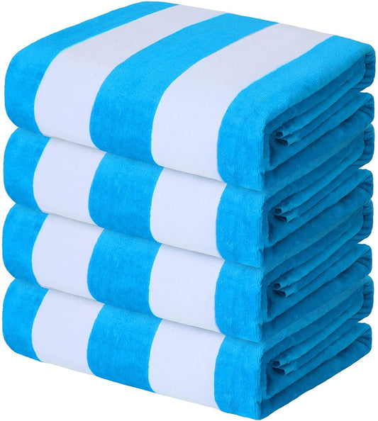 Exclusivo Mezcla 4-Pack Cotton Oversized 35"x70" Cabana Stripe Beach Towels, Super Absorbent Soft Plush Pool Towel, Bath Towel (Blue)
