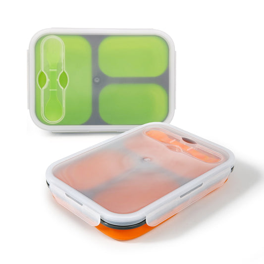Exclusivo Mezcla Collapsible Bento Lunch Box (2pcs) With Spork & Leakproof Lid, BPA Free, Silicone Bento Box Space Saving Food Storage Containers with 3 Compartments,Green+Orange