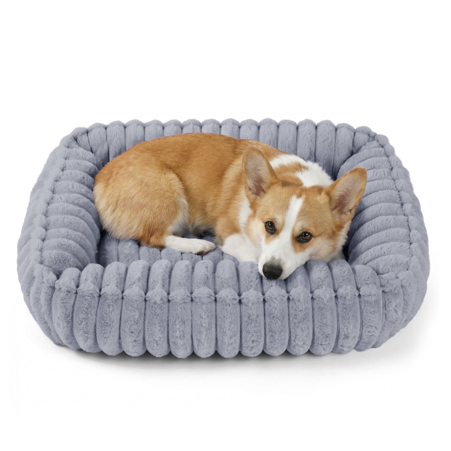 Exclusivo Mezcla Ribbed Plush Cuddler Dog Bed, 24"x20" Calming Pet Bed with Non-Slip Bottom for Medium Dogs, Machine Washable, Light Grey