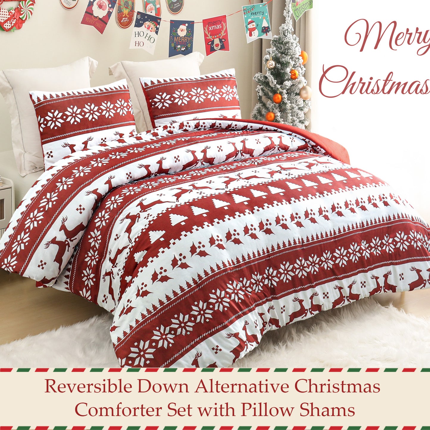 Exclusivo Mezcla Christmas King Size Comforter Set, 3 Pieces Reversible White and Rust Red Striped Bedding Comforters, Printed Reindeer Snowflakes Pattern