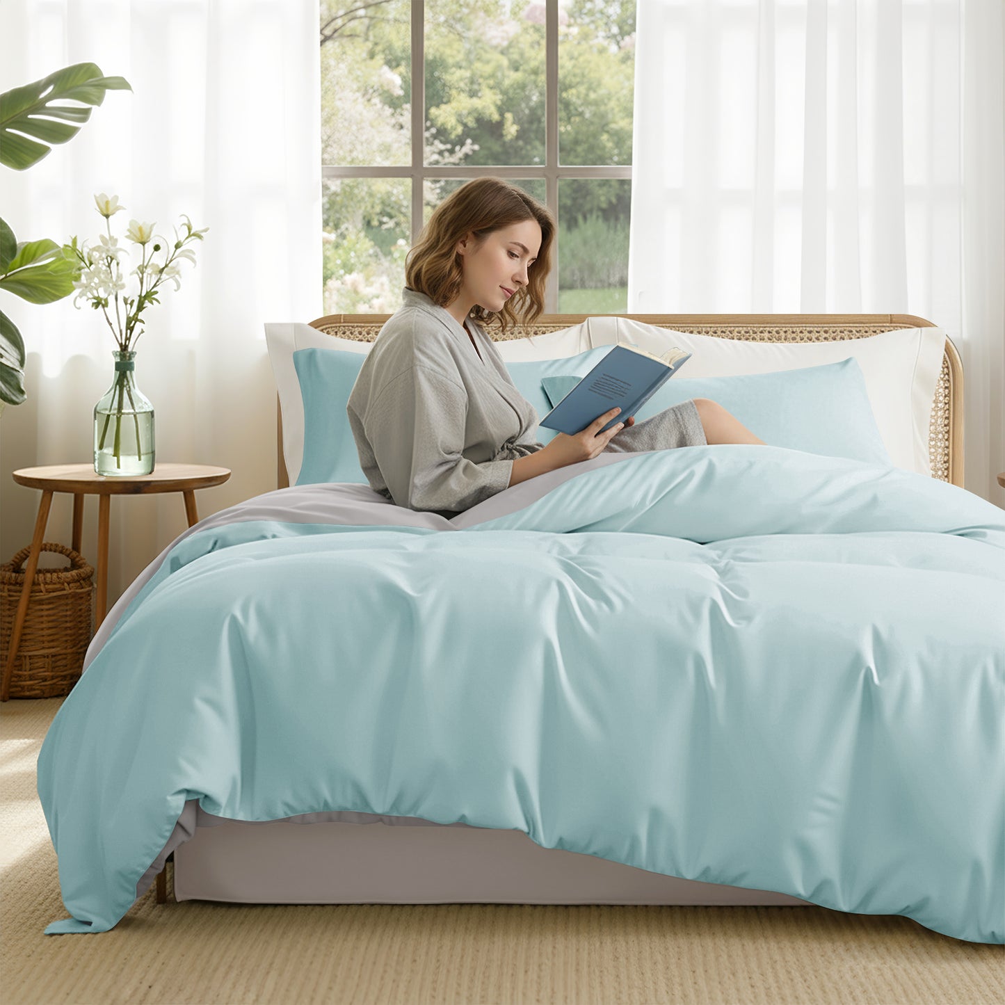 Exclusivo Mezcla Queen Bedding Duvet Cover Set, 3 Pieces Lightweight Comforter Cover with Pillow Shams (Light Green and Light Grey)