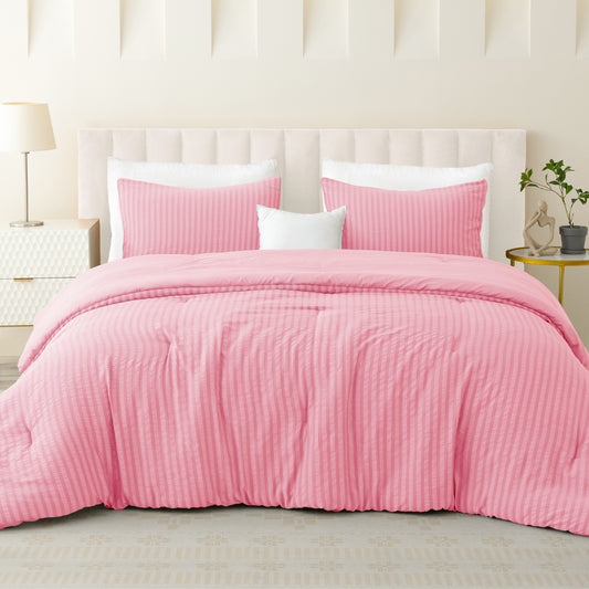 Exclusivo Mezcla 3-Piece Seersucker King Comforter Set Pink, Lightweight Soft Striped Pattern All Season Bedding Comforter sets with 2 Pillow Shams