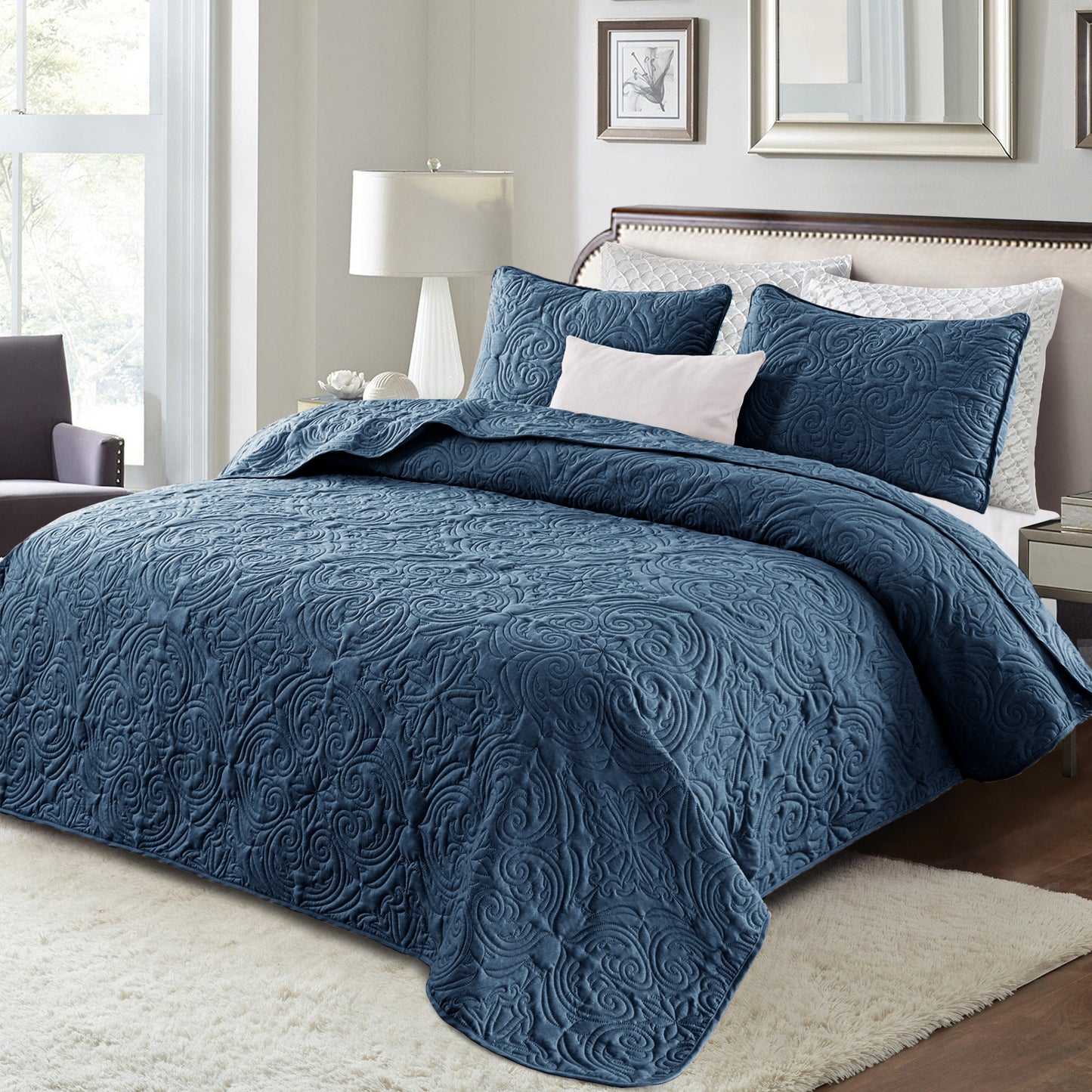 Exclusivo Mezcla Oversized King Quilt Bedding Set, Lightweight Vintage California Cal King Size Quilts with Pillow Shams, Soft Bedspreads Coverlets for All Seasons, (112"x104", Navy)