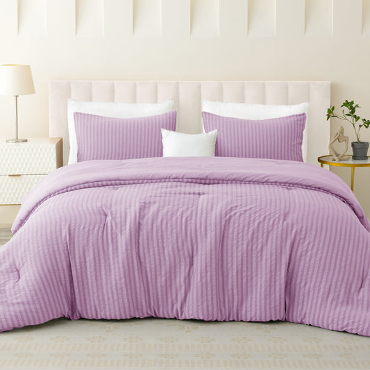 Exclusivo Mezcla 3-Piece Seersucker Queen Comforter Set Lilac, Lightweight Soft Striped Pattern All Season Bedding Comforter sets with 2 Pillow Shams