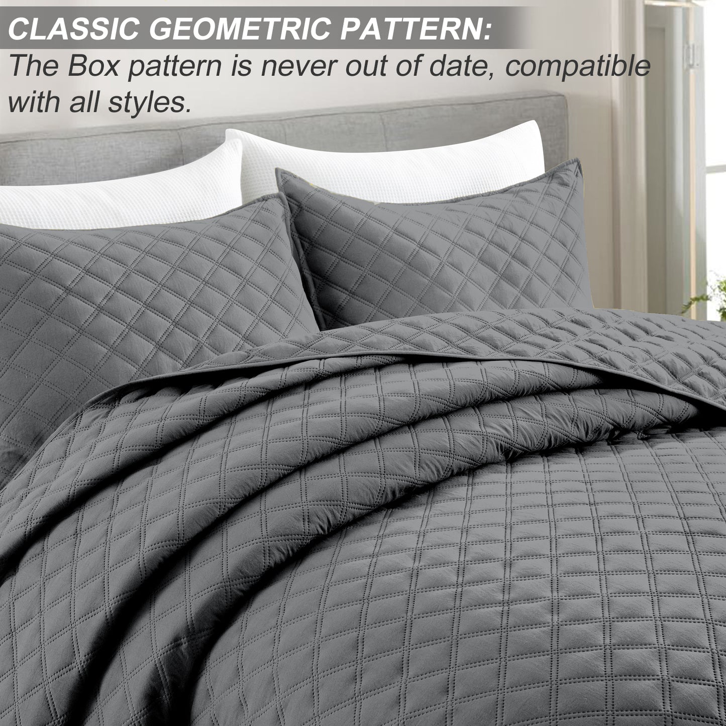 Exclusivo Mezcla 2-Piece Gray Twin Size Quilt Set, Box Pattern Ultrasonic Lightweight and Soft Quilts/Bedspreads/Coverlets/Bedding Set (1 Quilt, 1 Pillow Sham) for All Seasons