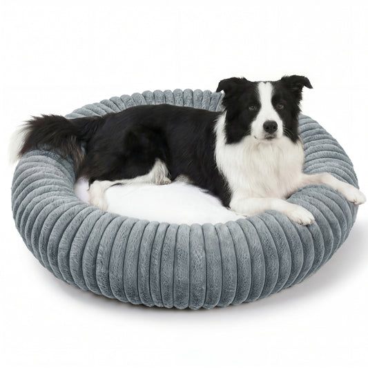 Exclusivo Mezcla Calming Donut Dog Bed, 32 inches Cozy Fluffy Faux Rabbit Fur Round Pet Bed, Machine Washable, Dark Grey