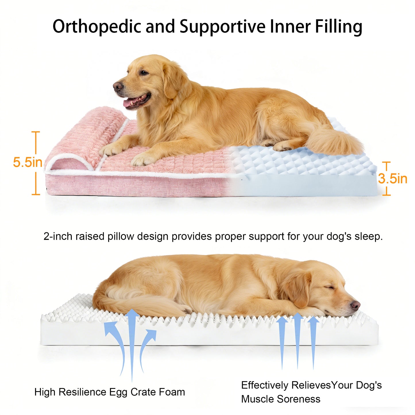 Exclusivo Mezcla Orthopedic Dog Bed with Head Pillow for Large Dogs, Removable and Machine-Washable Cover, 42"X28", Pink