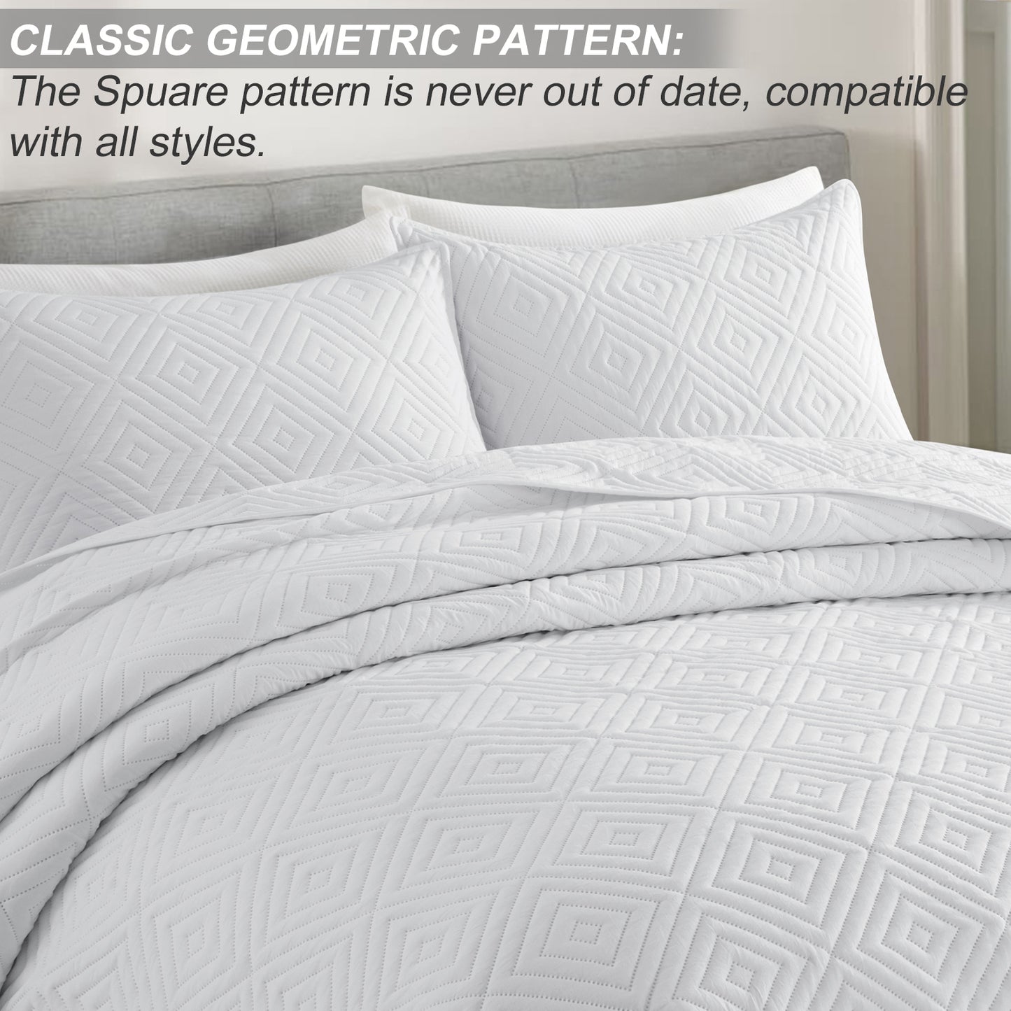 Exclusivo Mezcla 2-Piece White Twin Size Quilt Set, Square Pattern Ultrasonic Lightweight and Soft Quilts/Bedspreads/Coverlets/Bedding Set (1 Quilt, 1 Pillow Sham) for All Seasons