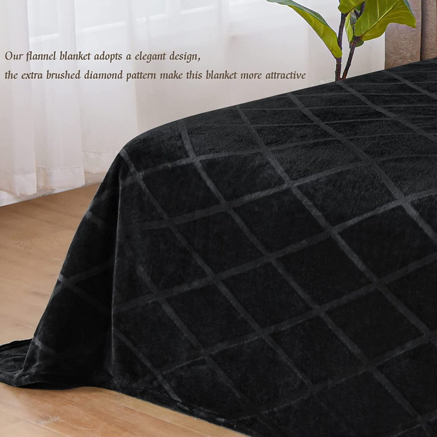 Exclusivo Mezcla Queen Size Flannel Fleece Blanket, 90x90 Inches Soft Diamond Geometry Pattern Velvet Plush Blanket for Bed, Cozy, Warm, Lightweight and Decorative Black Blanket