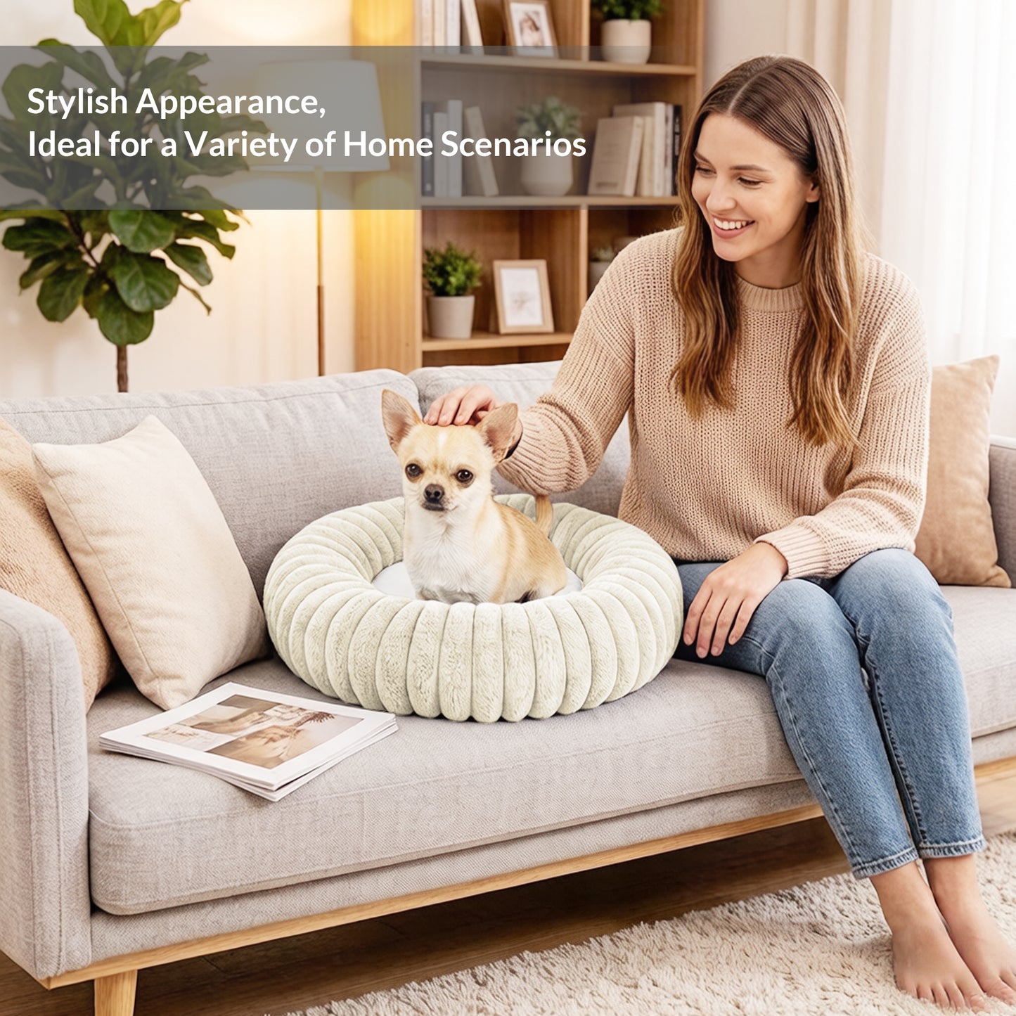 Exclusivo Mezcla Calming Donut Dog Bed, 36 inches Cozy Fluffy Faux Rabbit Fur Round Pet Bed, Machine Washable, Ivory