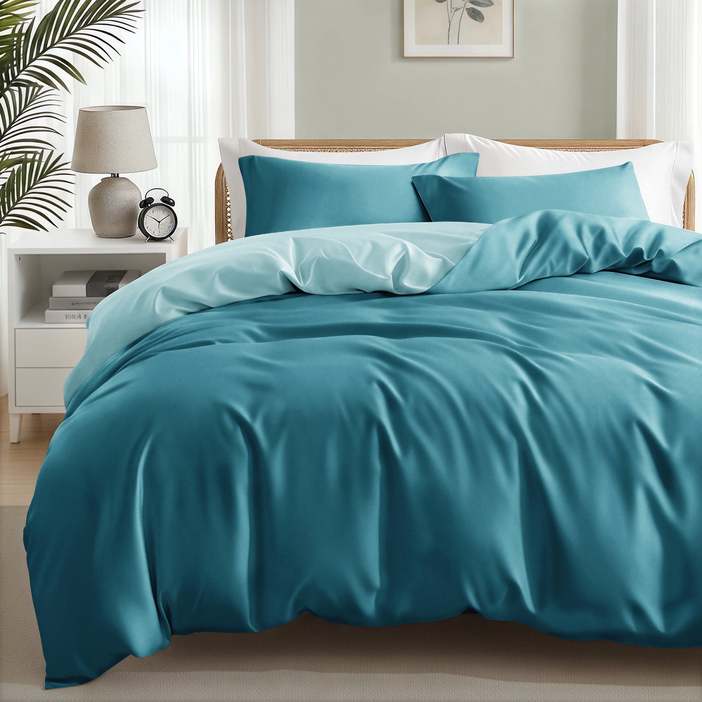 Exclusivo Mezcla Queen Bedding Duvet Cover Set, 3 Pieces Lightweight Comforter Cover with Pillow Shams (Light Green and Teal)