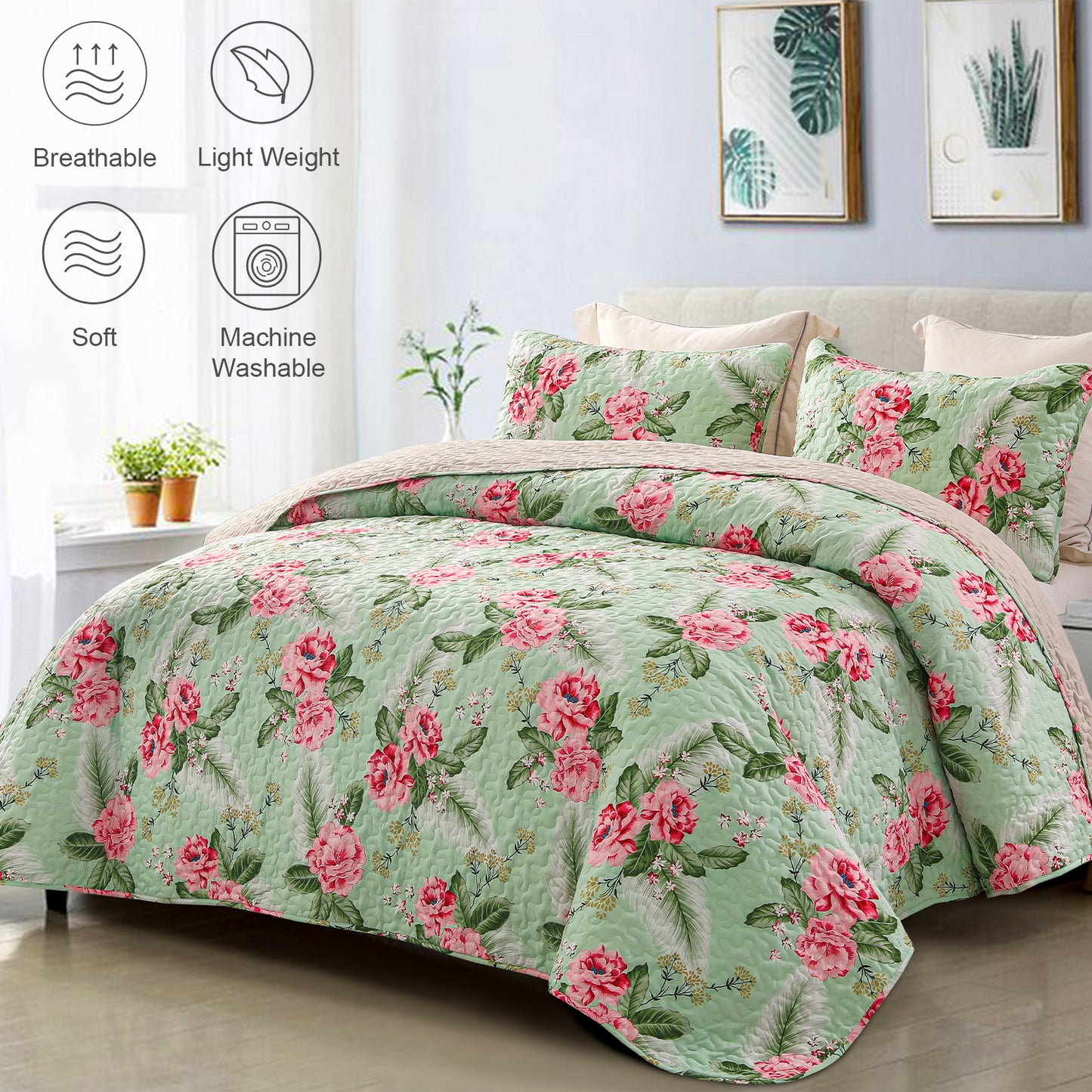 Exclusivo Mezcla Floral Quilt Set Queen Size, 3-Piece Reversible Quilt Bedding Set with Botanical Yellow Flower Pattern (2 Pillow Shams), Lightweight and Soft Bedspread Coverlets